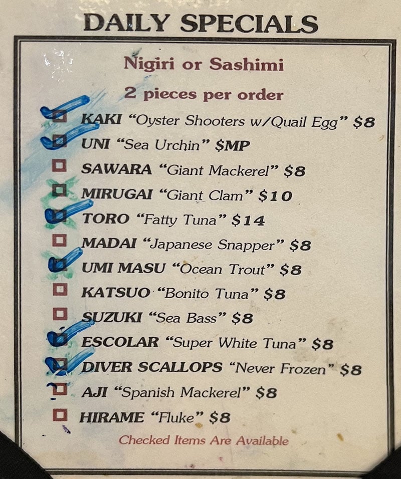 Kyoto Japanese Restaurant menu - daily specials menu example