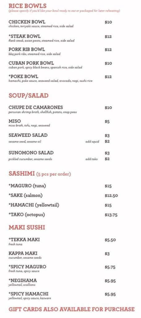 Takashi curbside menu - page one