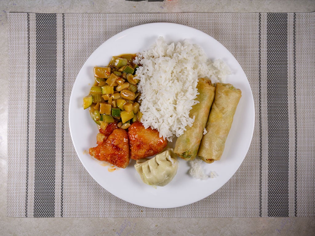 Long Life Vegi House - vegi kung pao, spring rolls, pot sticker and lemon chicken