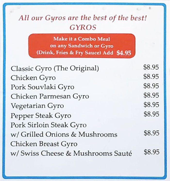 Mad Greek Too menu - gyros