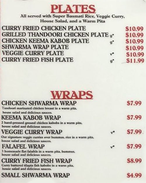Curry Fried Chicken menu - talíře, wrapy