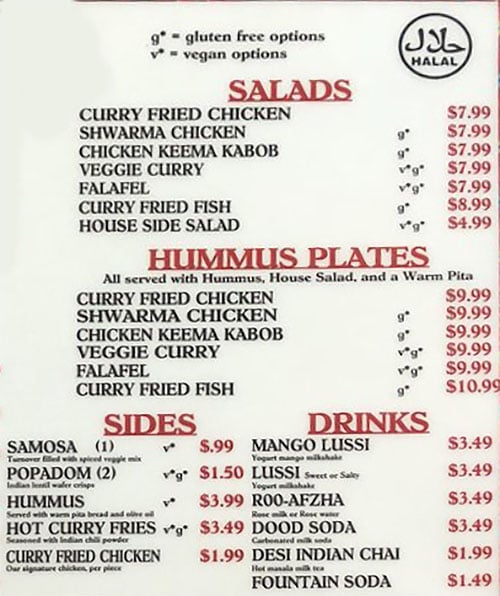 Curry Fried Chicken menu - saláty, talíře s humusem, přílohy, nápoje