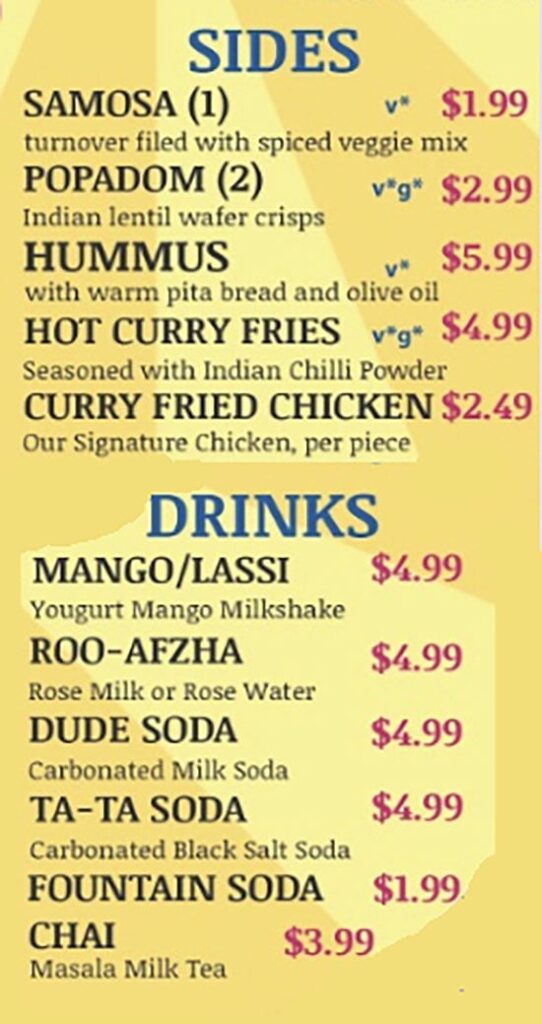 Curry Fried Chicken menu - sides, drinks