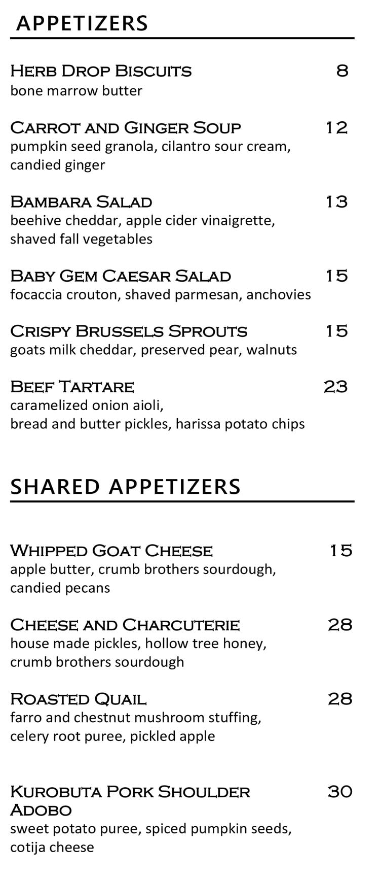 Bambara October 2022 menu - appetizers