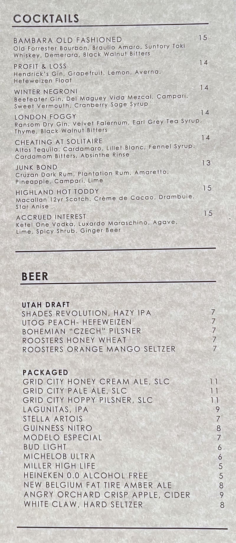 Bambara menu - cocktails, beer