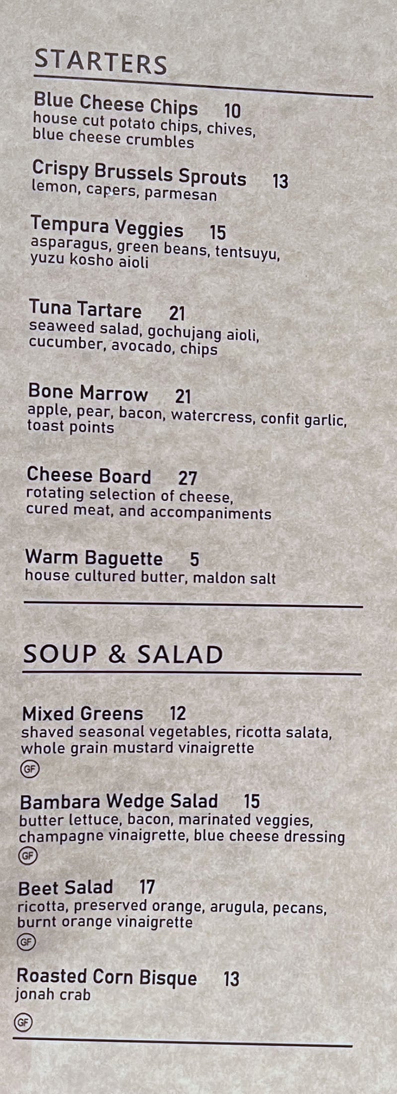 Bambara menu - starters, soup, salads