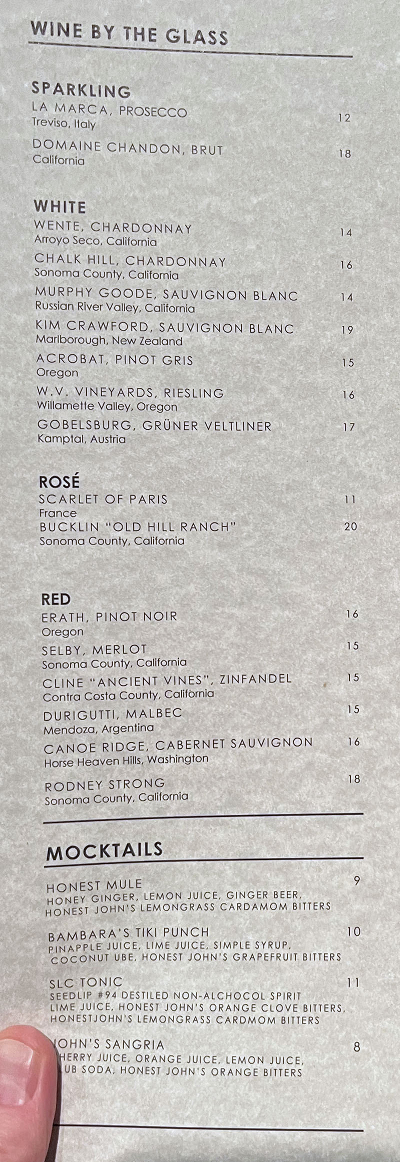 Bambara menu - wines, mocktails