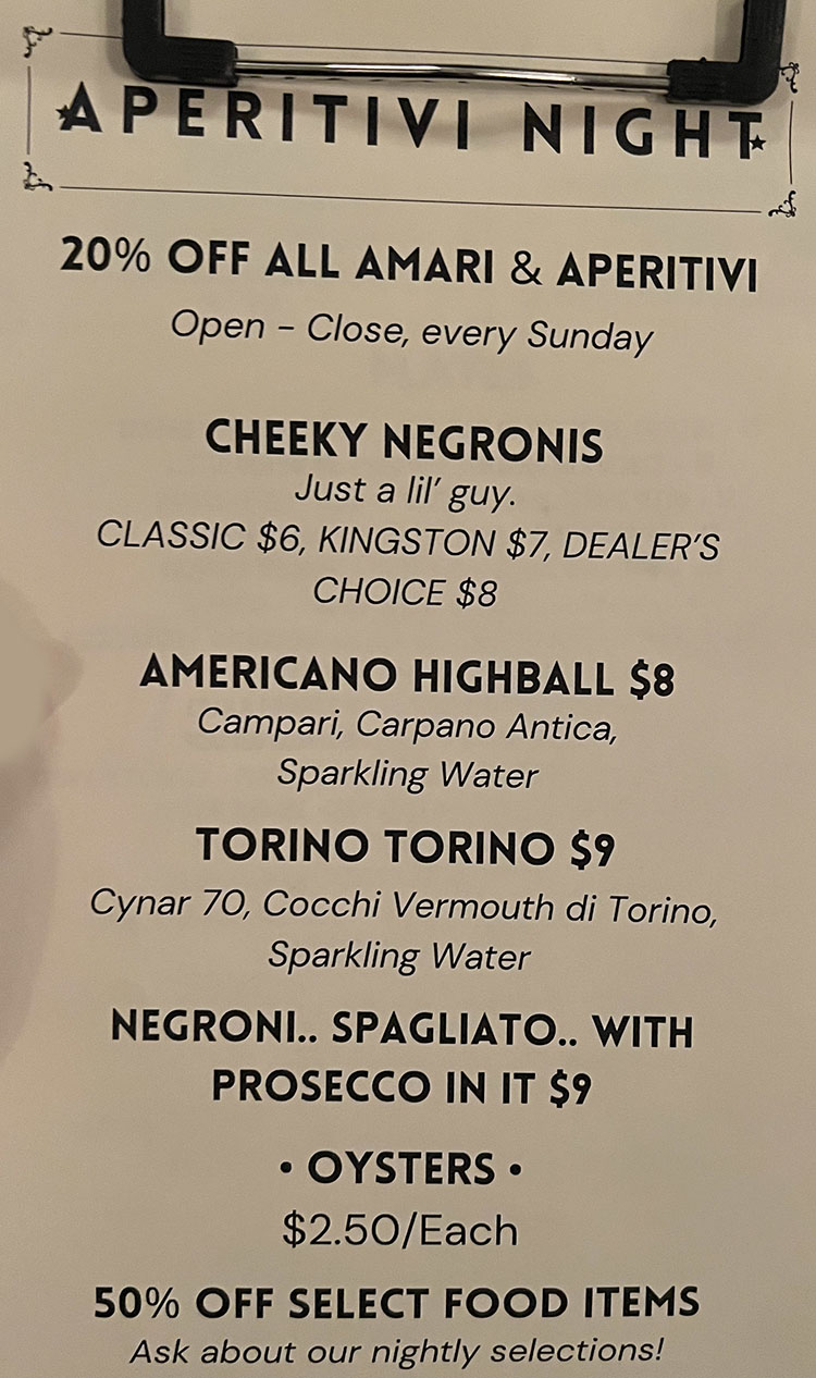 Copper Common January 2023 menu - Sunday aperitivi night specials