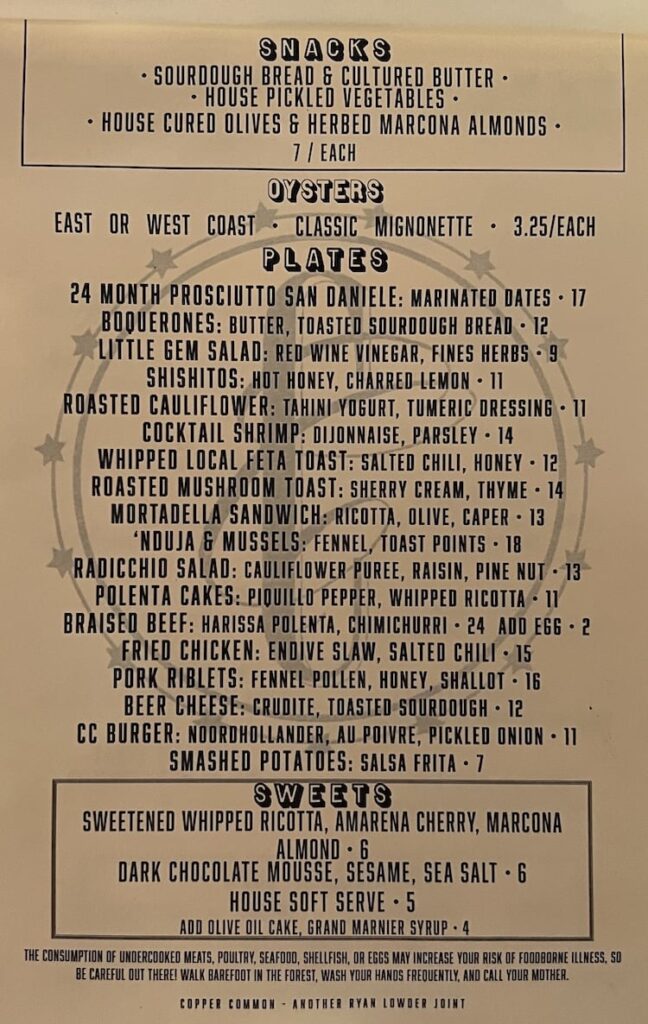 Copper Common - food menu