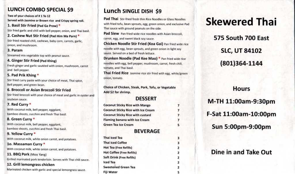 Skewered Thai Restaurant Menu Slc Menu