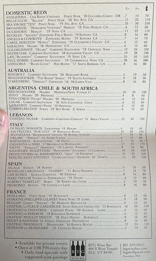 BTG Wine Bar - red wines