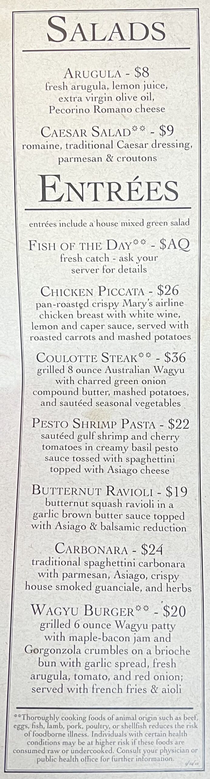 BTG Wine Bar - salads, entrees