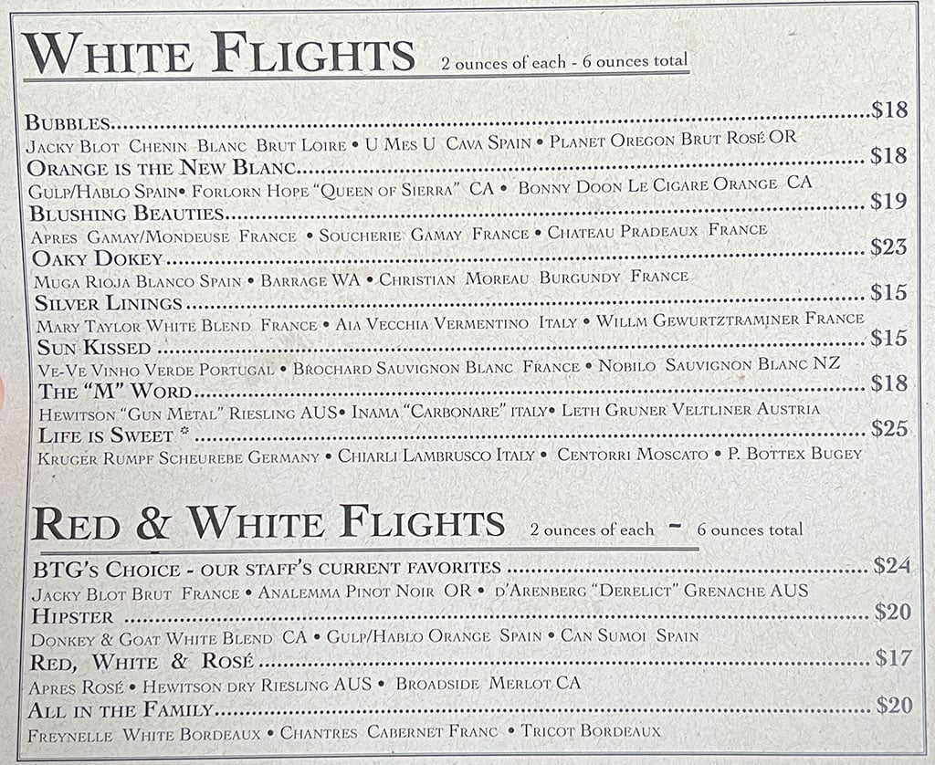 BTG Wine Bar - white and mixed wine flights