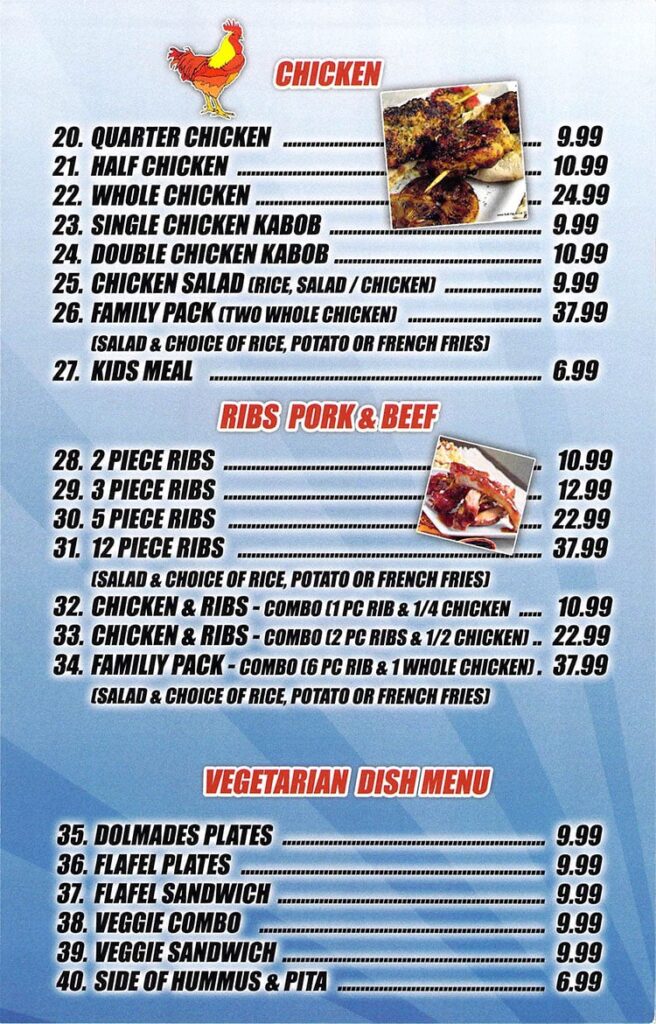 Best Chicken menu - chicken, ribs, pork, beef, vegetarian