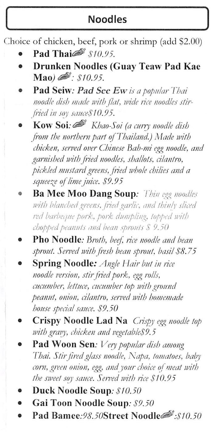 Mano Thai Diner menu - noodles