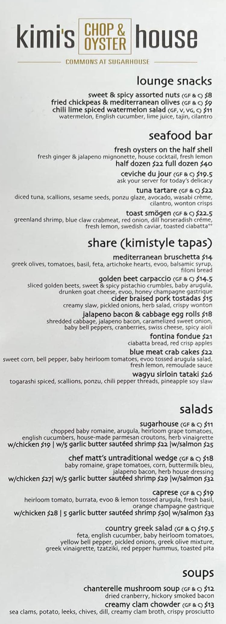 Kimi's Chop and Oyster House 2022 menu - snacks, seafood, tapas, salads, soups