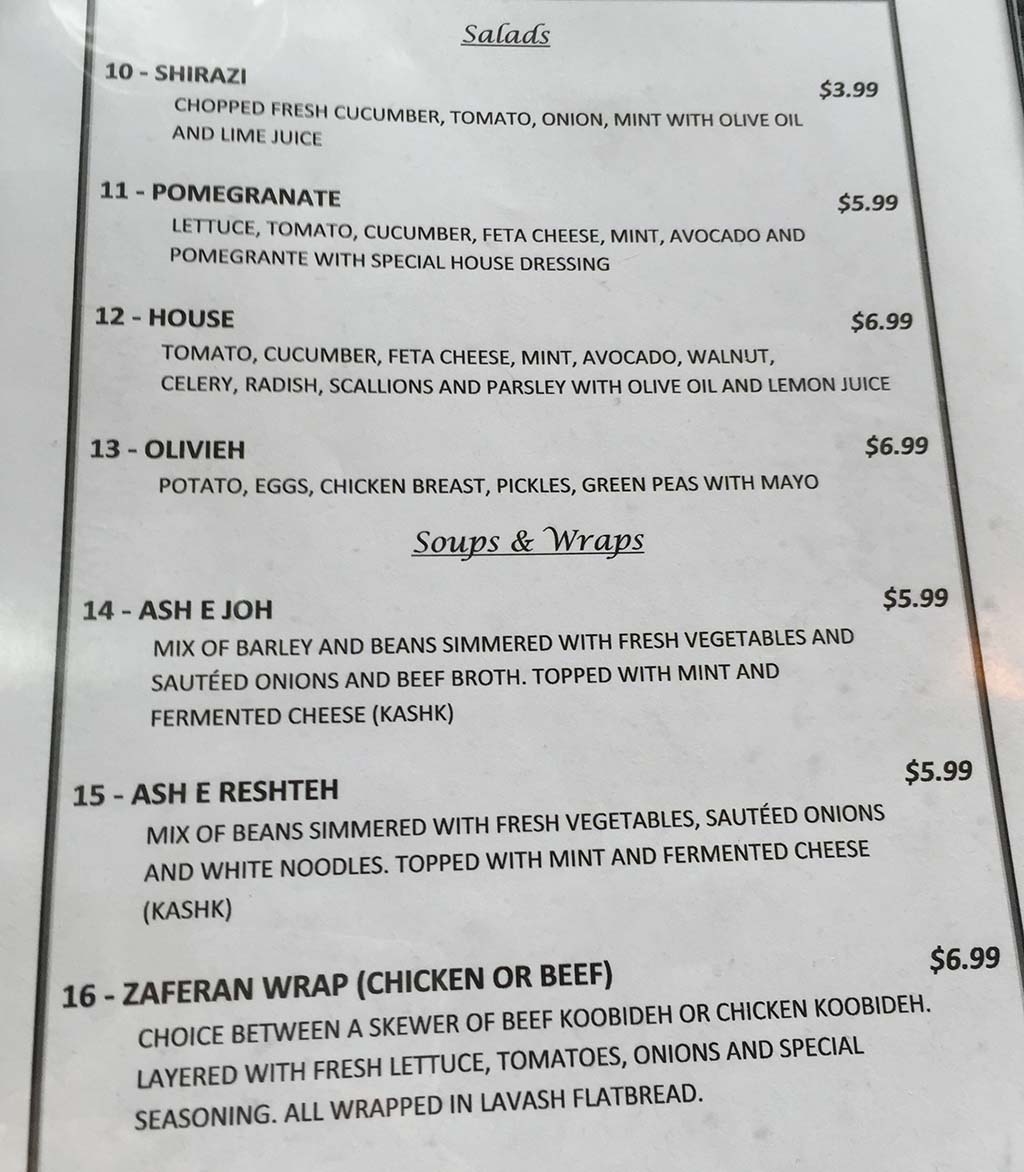 Zaferan Cafe menu page one