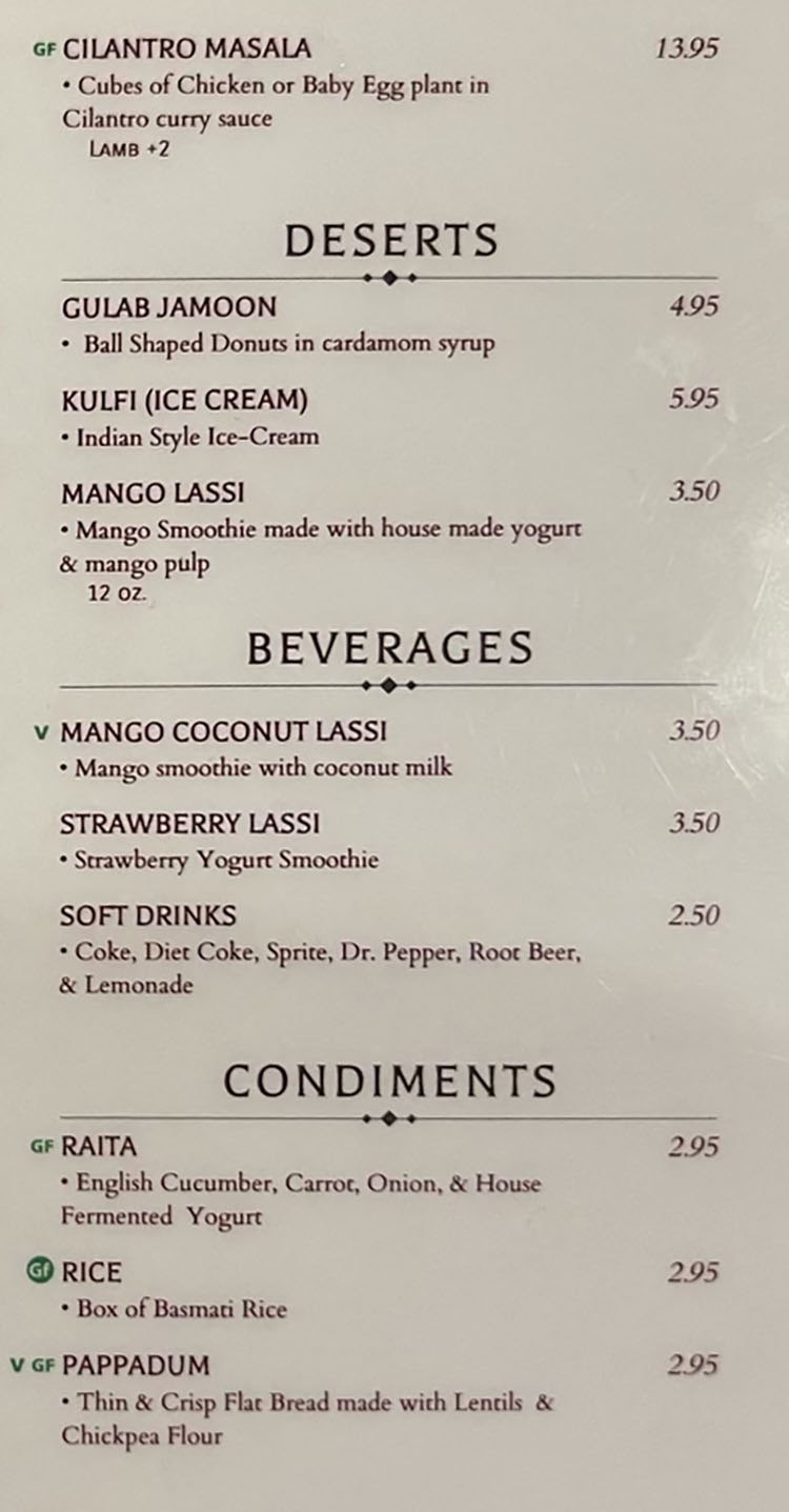 Tandoor Indian Grill menu - desserts, beverages, condiments