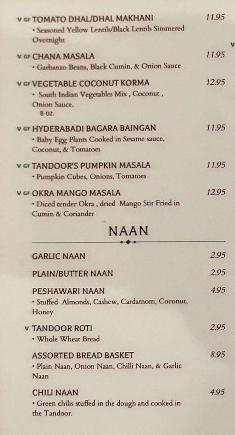 Tandoor Indian Grill menu - vegetarian, naan