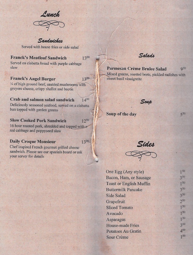 francks angel cafe lunch menu