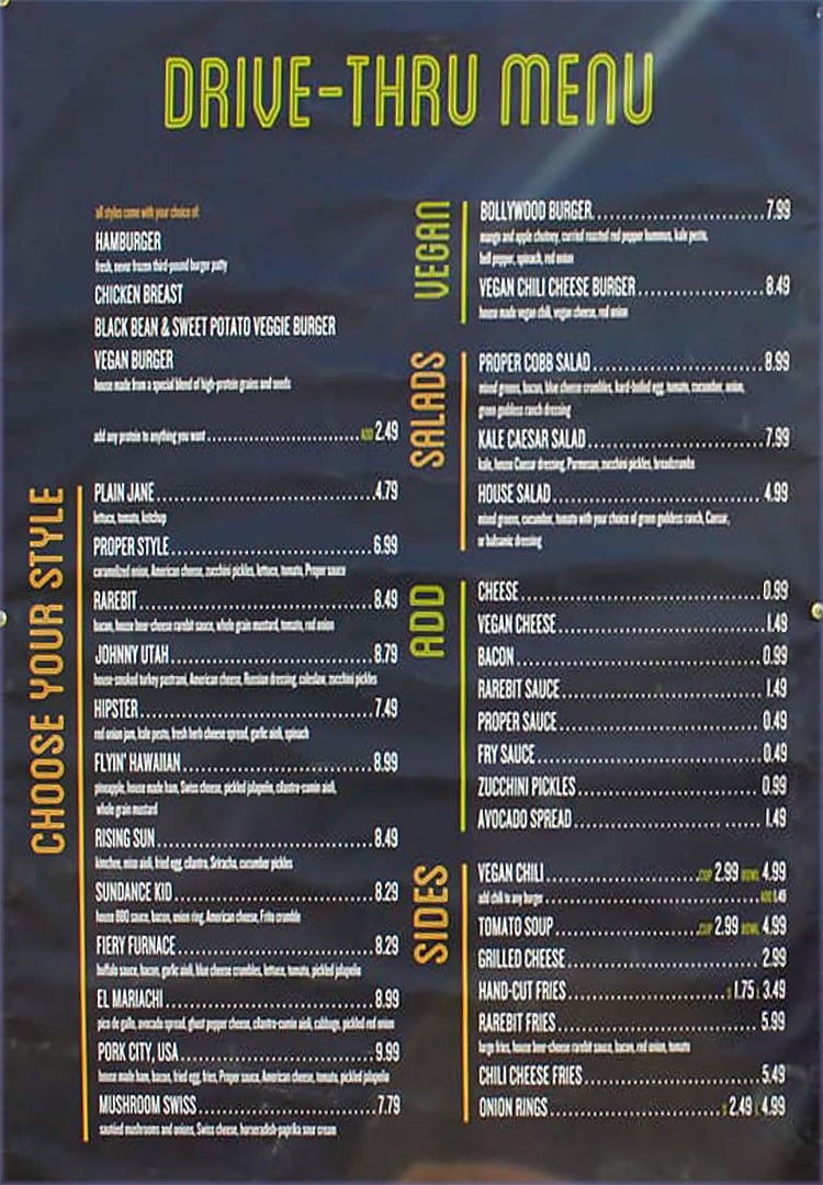 Proper Burger - curbside and drive thru menu