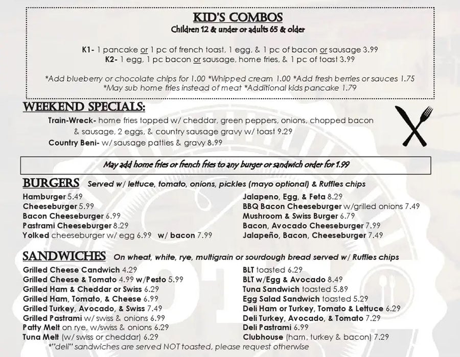 Over The Counter Cafe menu - kids, specials, burgers, sandwiches