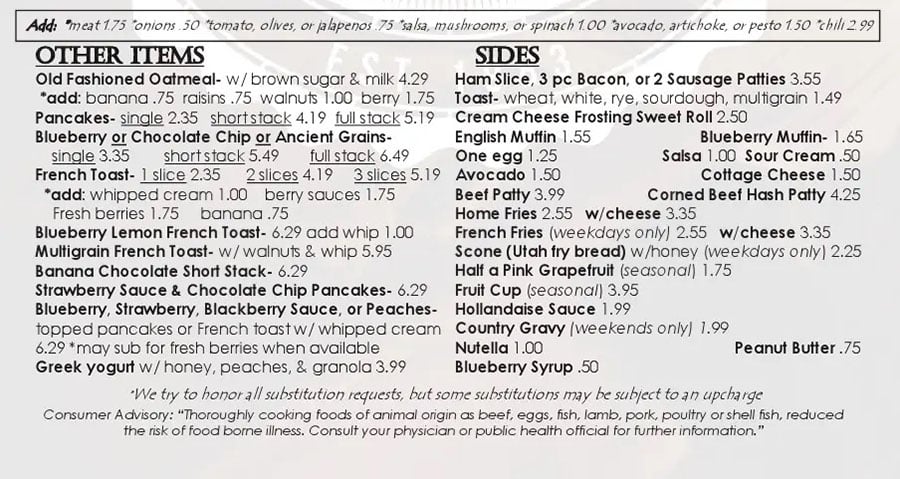 Over The Counter Cafe menu - other breakfast items