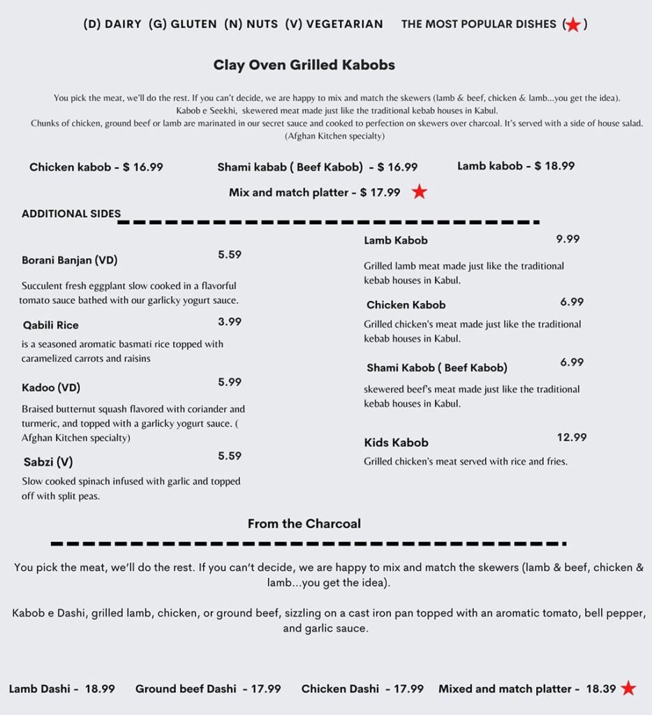 Afghan Kitchen menu - kabobs