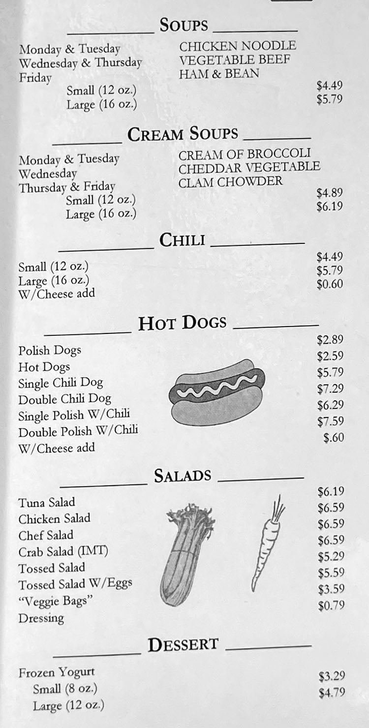 Town And Country Market 2023 menu - soup, chili, hot dogs, salads