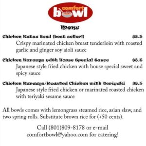 Comfort Bowl Food truck menu 2017