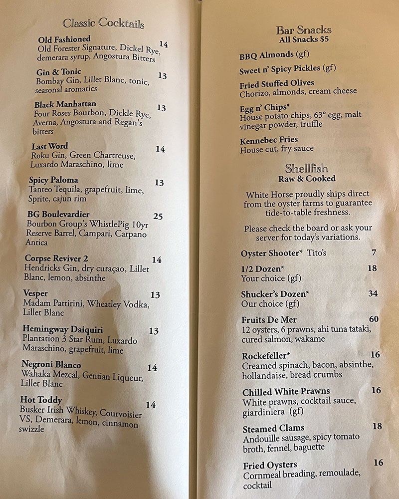 White Horse menu - cocktails, snacks, shellfish