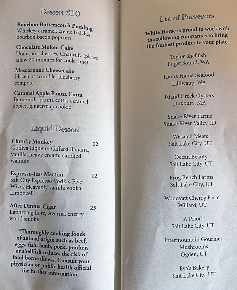 White Horse menu - desserts, purveyors