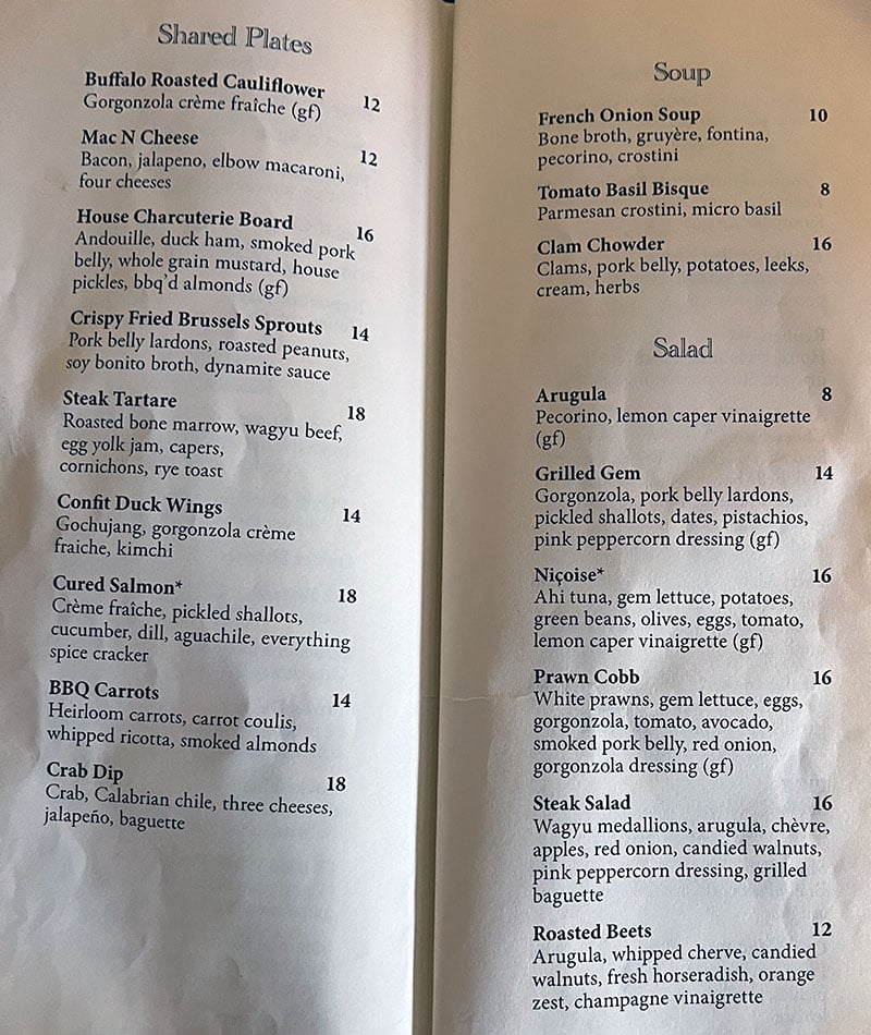 White Horse menu - shared, soup, salads