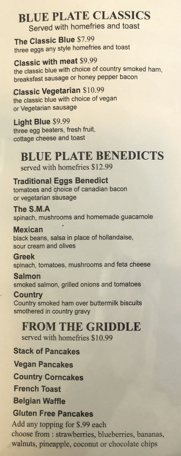 Blue Plate Diner menu - all day breakfast page one