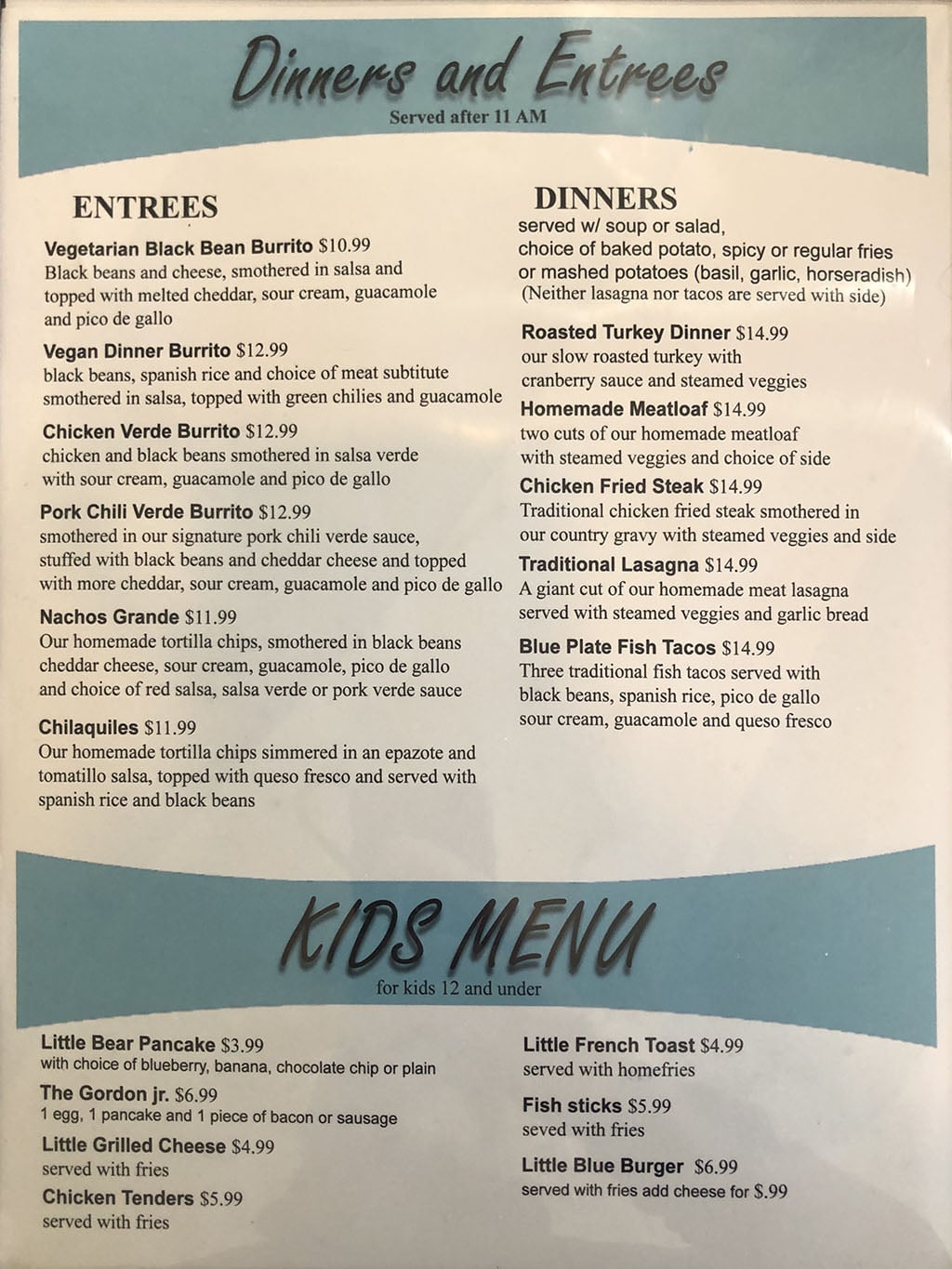 Blue Plate Diner menu - dinners, entrees, kids