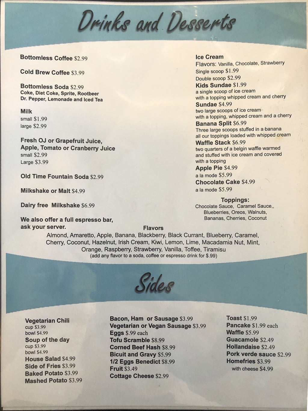 Blue Plate Diner menu - drinks, desserts, sides