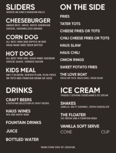Dog Haus Sandy menu - sliders, sides, drinks, ice cream