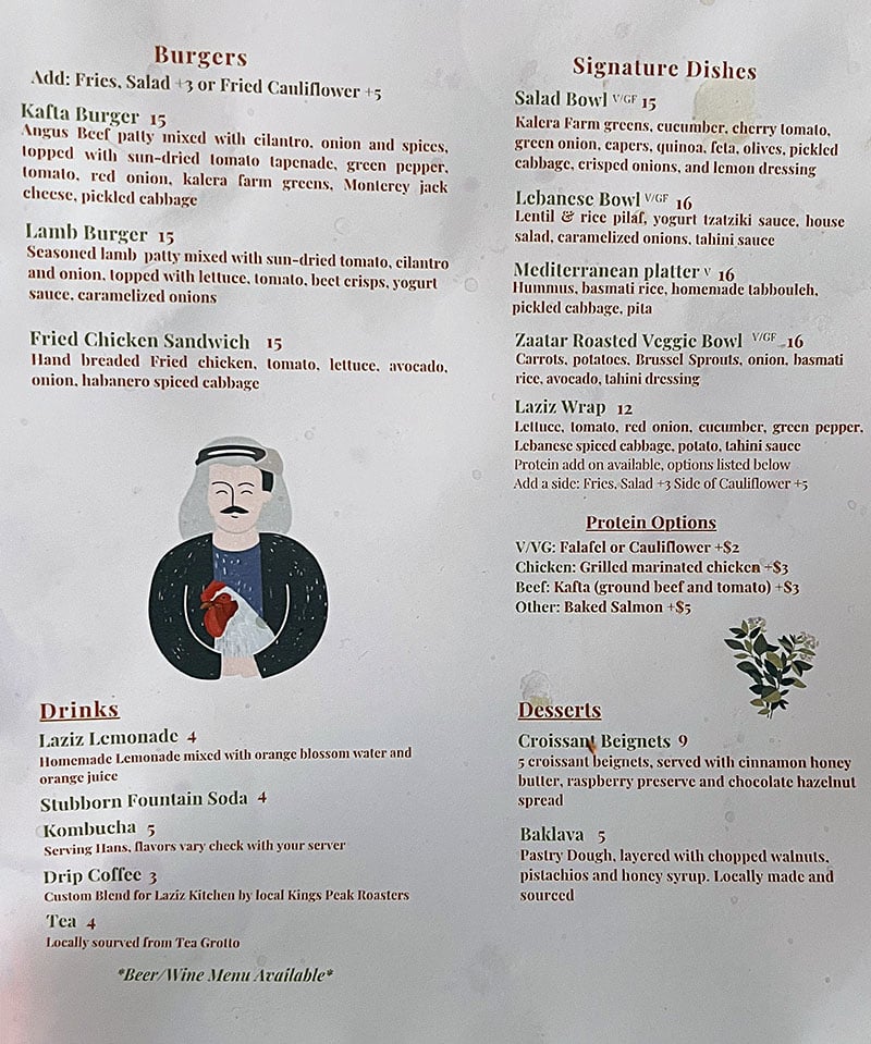 Laziz Kitchen 2023 menu - burgers, drinks, signatures, desserts