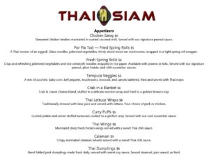 Thai Siam dinner menu - appetizers