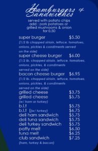 The Park Cafe menu - hamburgers and sandwiches