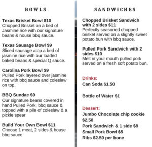 Smokin Star BBQ food truck menu - bowls and sandwiches