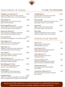 Bombay House menu - vegan, vegetarian, bread