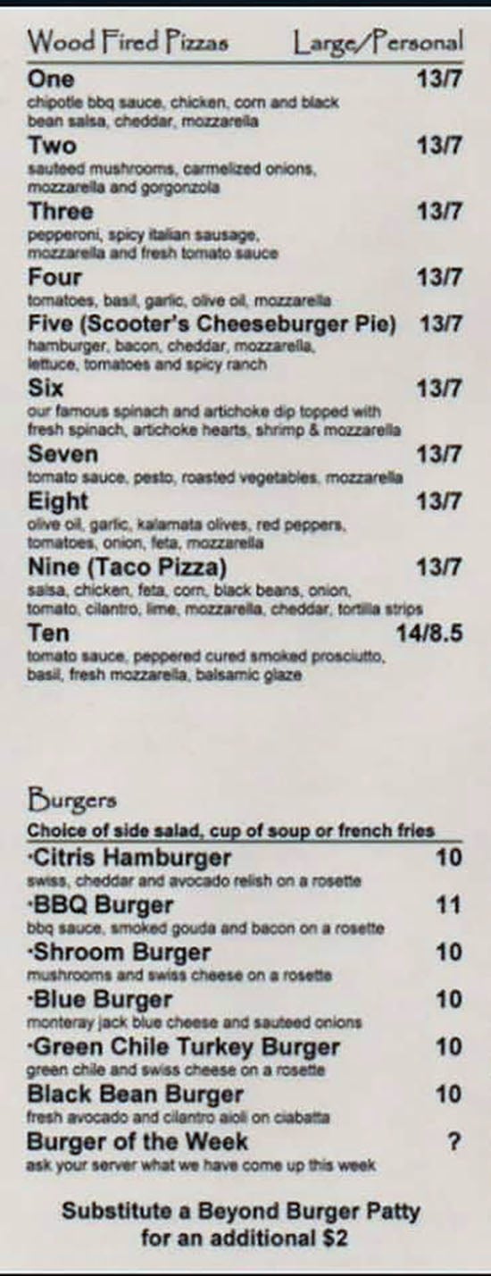 Citris Grill menu - pizza, burgers