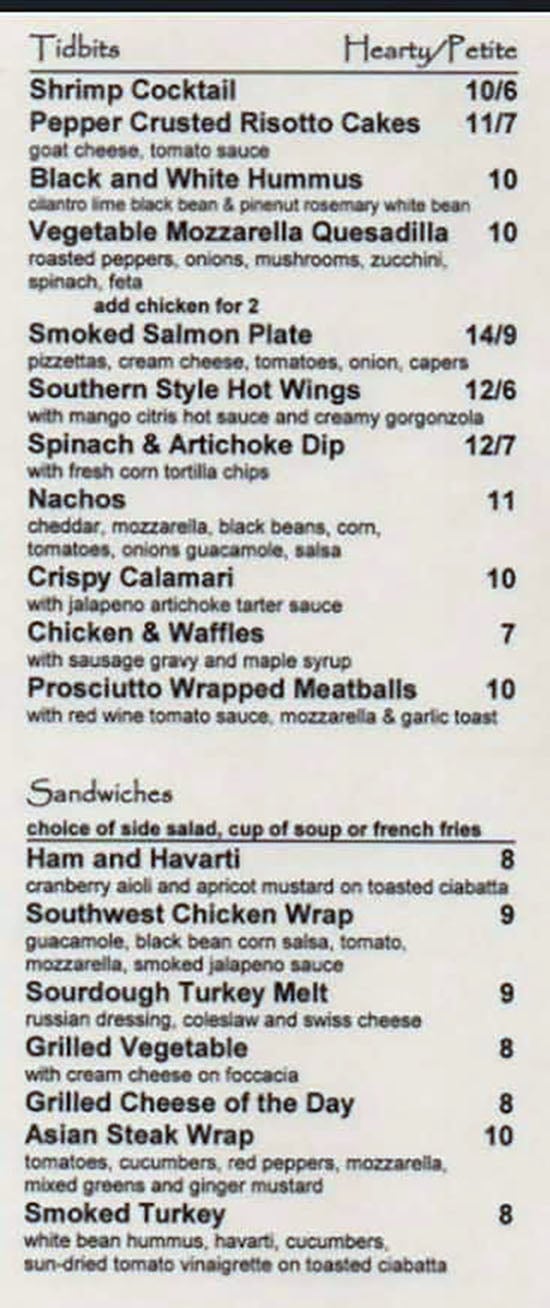 Citris Grill menu - tidbits, sandwiches