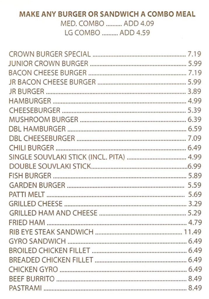 Crown Burgers menu - sandwiches