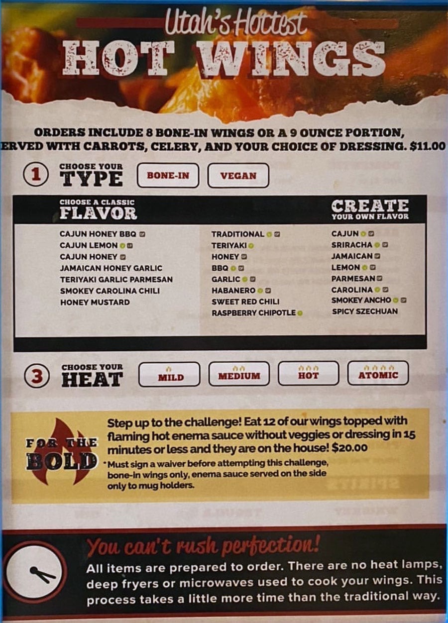 Trolley Wing Company menu - wings