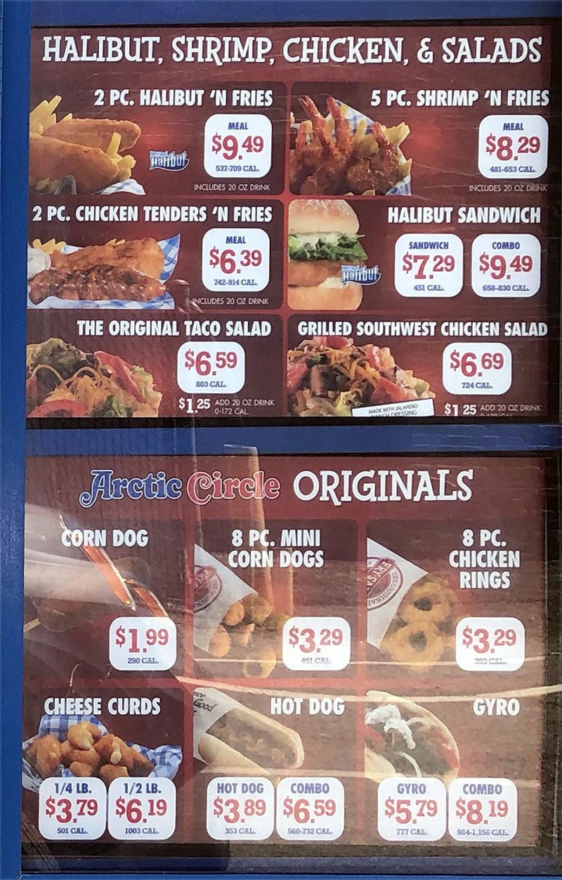 Arctic Circle menu - halibut, shrimp, chicken, salads, originals