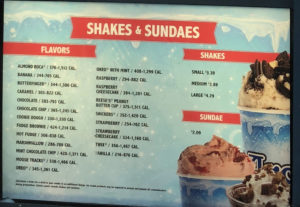 Arctic Circle menu - shakes and sundaes