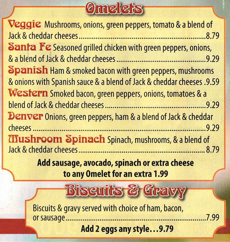 Belgian Waffle And Omelet Inn menu - omelets, biscuits and gravy