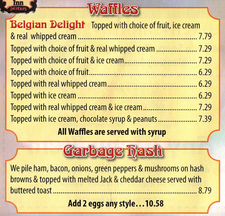 Belgian Waffle And Omelet Inn menu - waffles, garbage hash